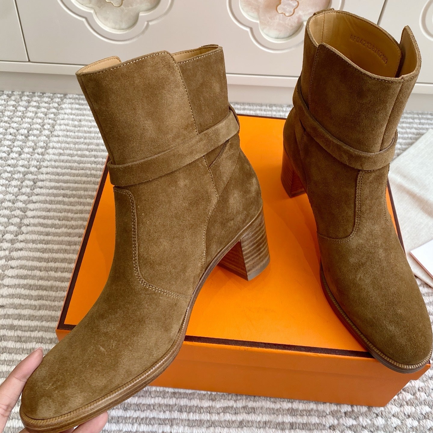 HM 25S FRENCHIE 50 ANKLE BOOT 50 MM IN BROWN SUEDE WITH SILVER HARDWARE
