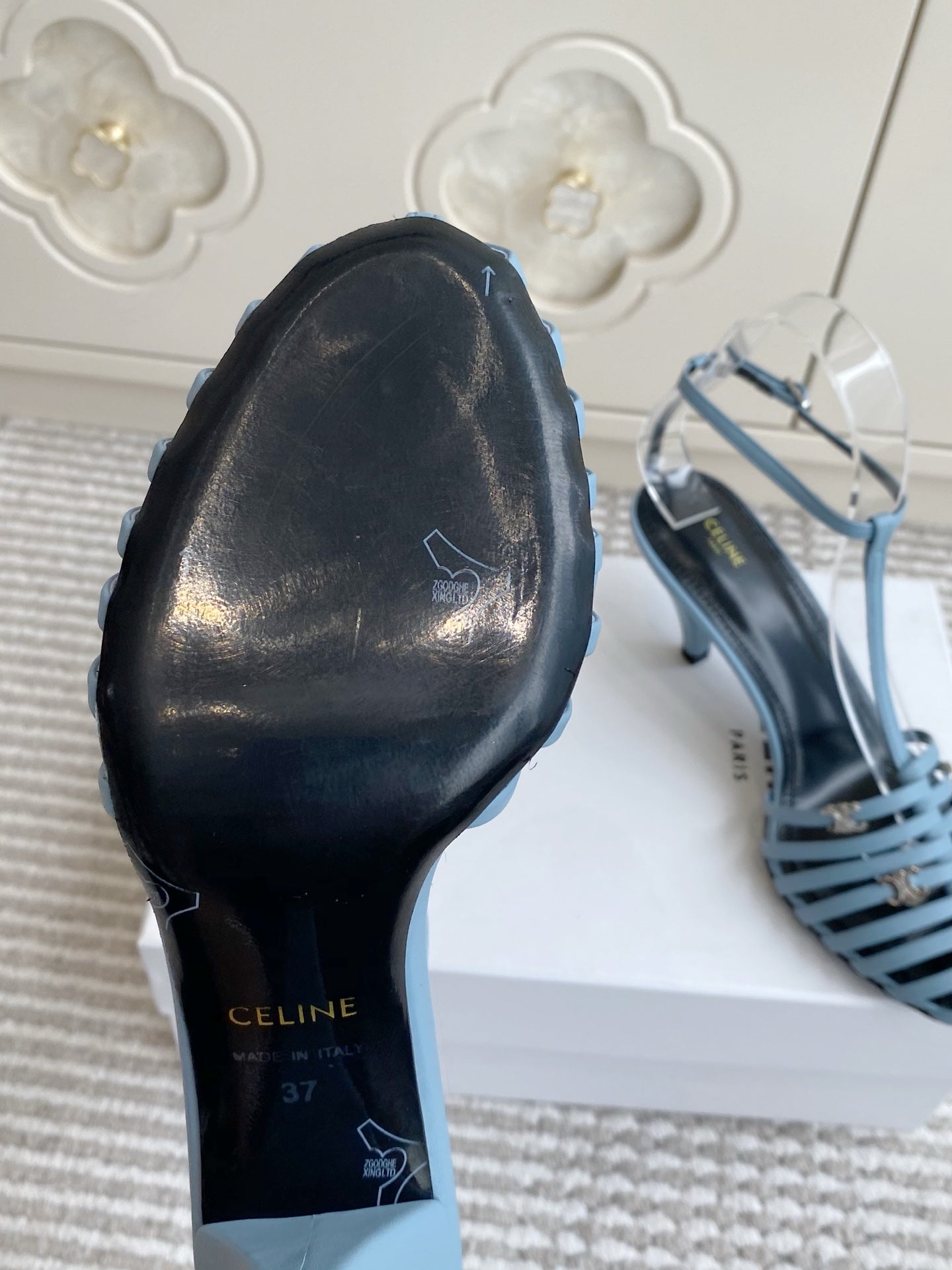 CELINE 26S CLEA TRIOMPHE GLADIATOR HEEL SANDALS 60 MM IN SKY BLUE LAMBSKIN