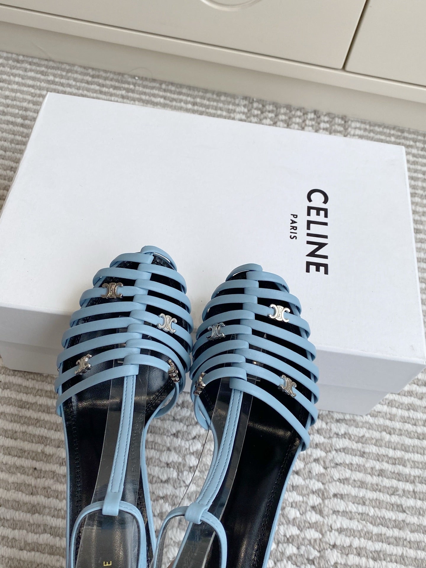 CELINE 26S CLEA TRIOMPHE GLADIATOR HEEL SANDALS 60 MM IN SKY BLUE LAMBSKIN
