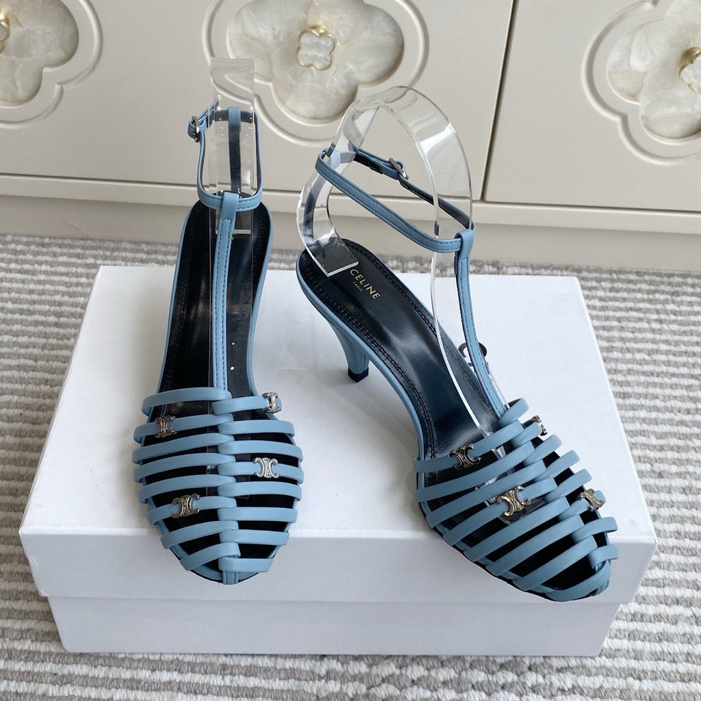 CELINE 26S CLEA TRIOMPHE GLADIATOR HEEL SANDALS 60 MM IN SKY BLUE LAMBSKIN