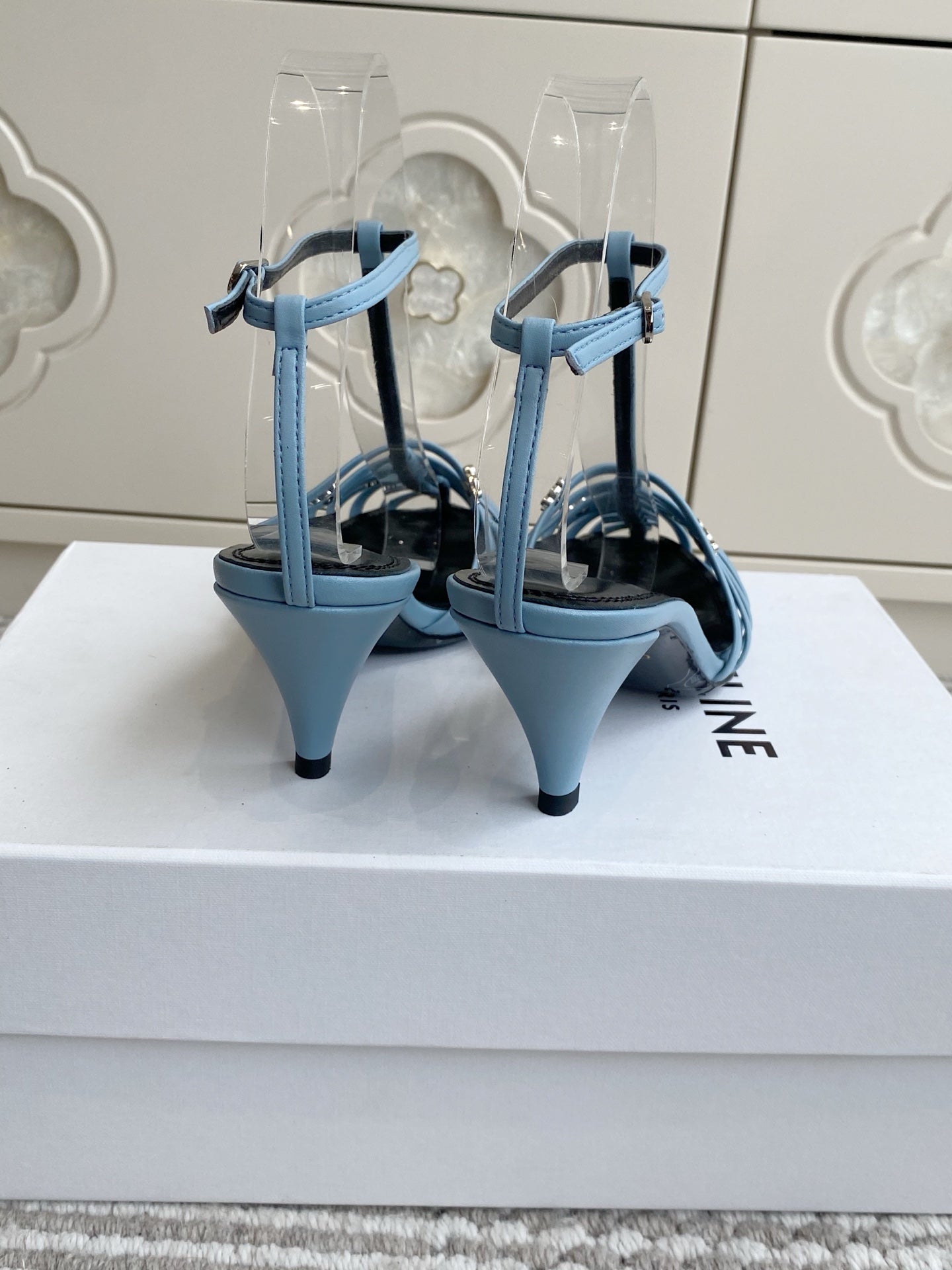 CELINE 26S CLEA TRIOMPHE GLADIATOR HEEL SANDALS 60 MM IN SKY BLUE LAMBSKIN