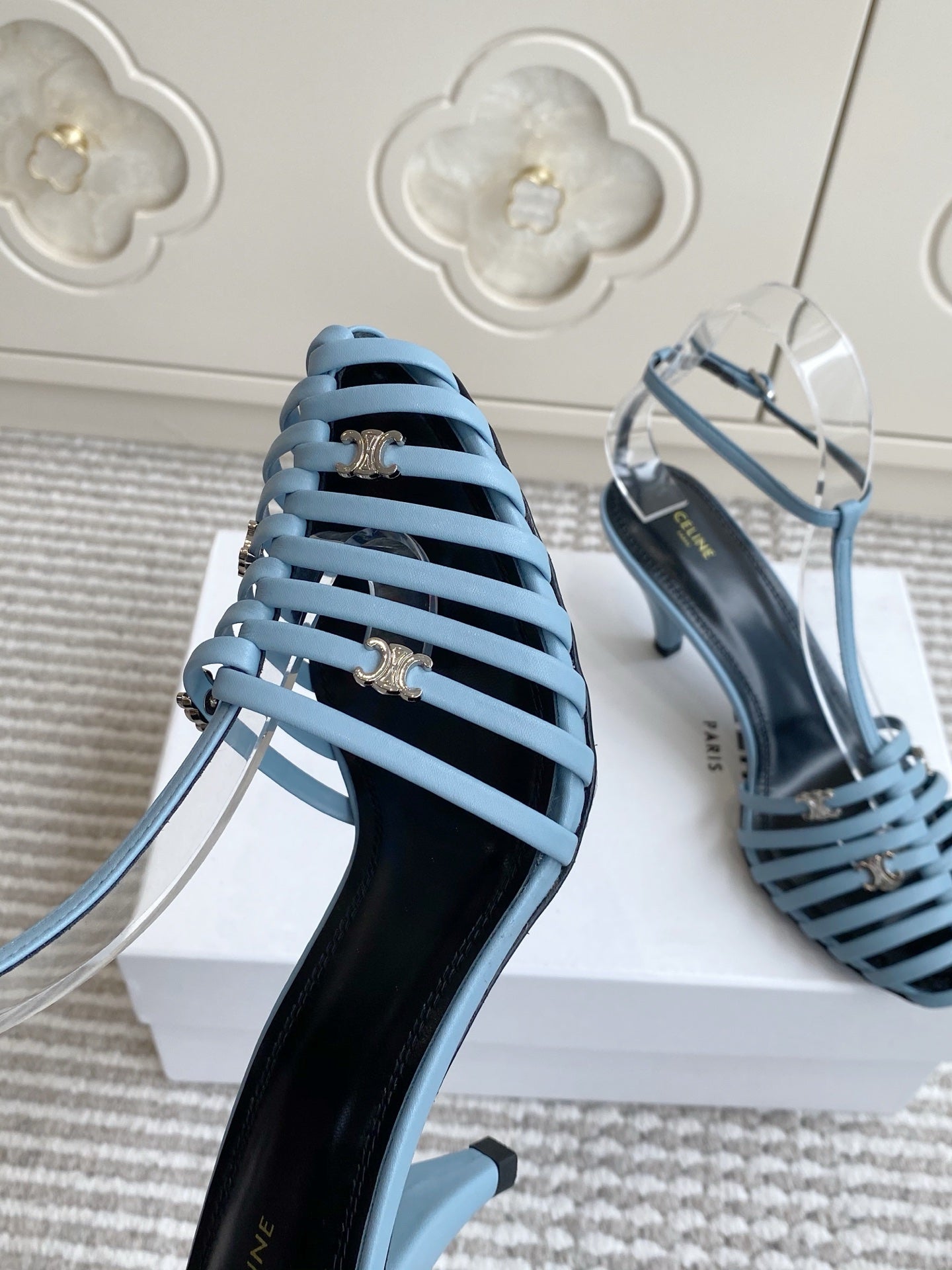 CELINE 26S CLEA TRIOMPHE GLADIATOR HEEL SANDALS 60 MM IN SKY BLUE LAMBSKIN