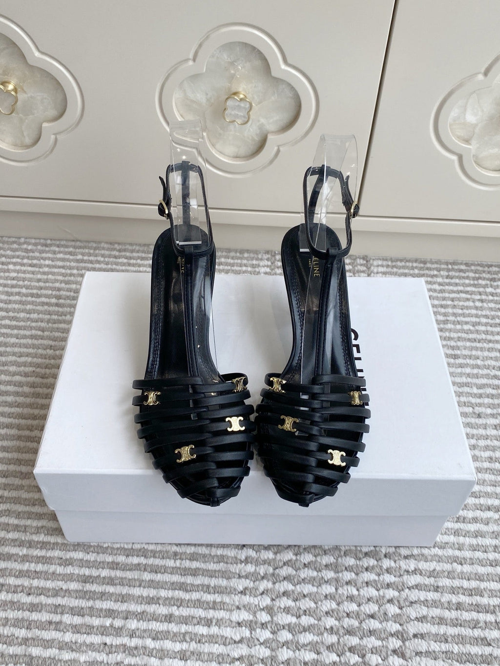 CELINE 26S CLEA TRIOMPHE GLADIATOR HEEL SANDALS 60 MM IN BLACK LAMBSKIN