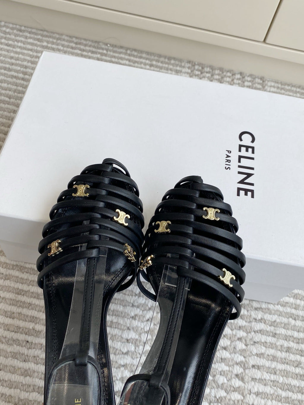 CELINE 26S CLEA TRIOMPHE GLADIATOR HEEL SANDALS 60 MM IN BLACK LAMBSKIN
