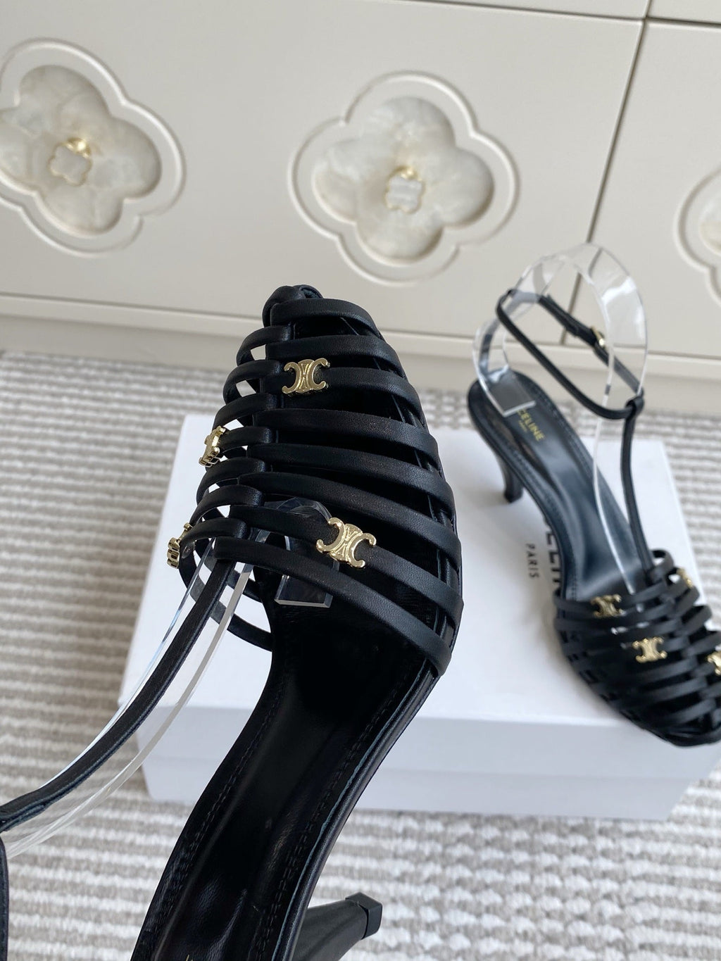 CELINE 26S CLEA TRIOMPHE GLADIATOR HEEL SANDALS 60 MM IN BLACK LAMBSKIN