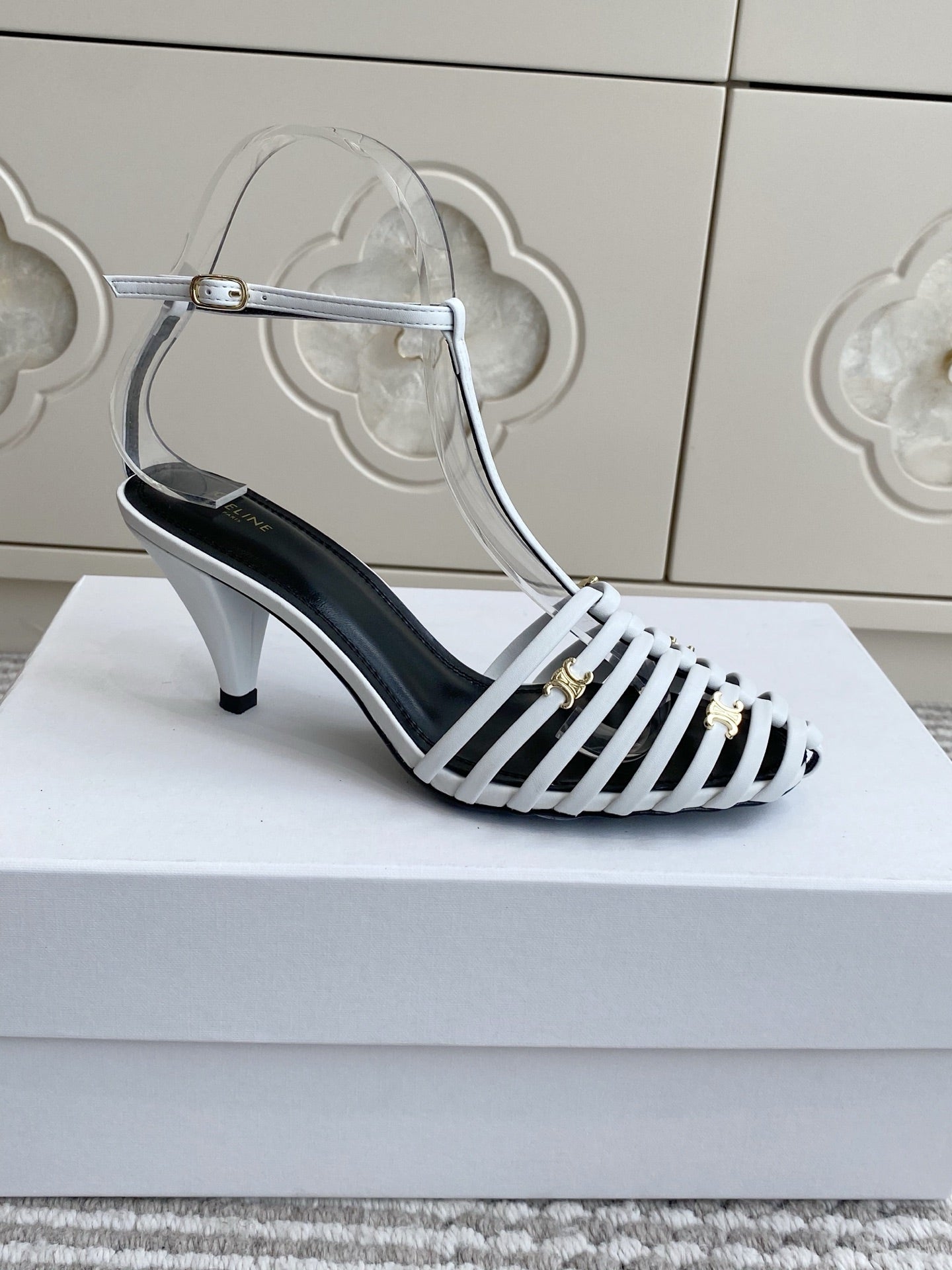 CELINE 26S CLEA TRIOMPHE GLADIATOR HEEL SANDALS 60 MM IN WHITE LAMBSKIN