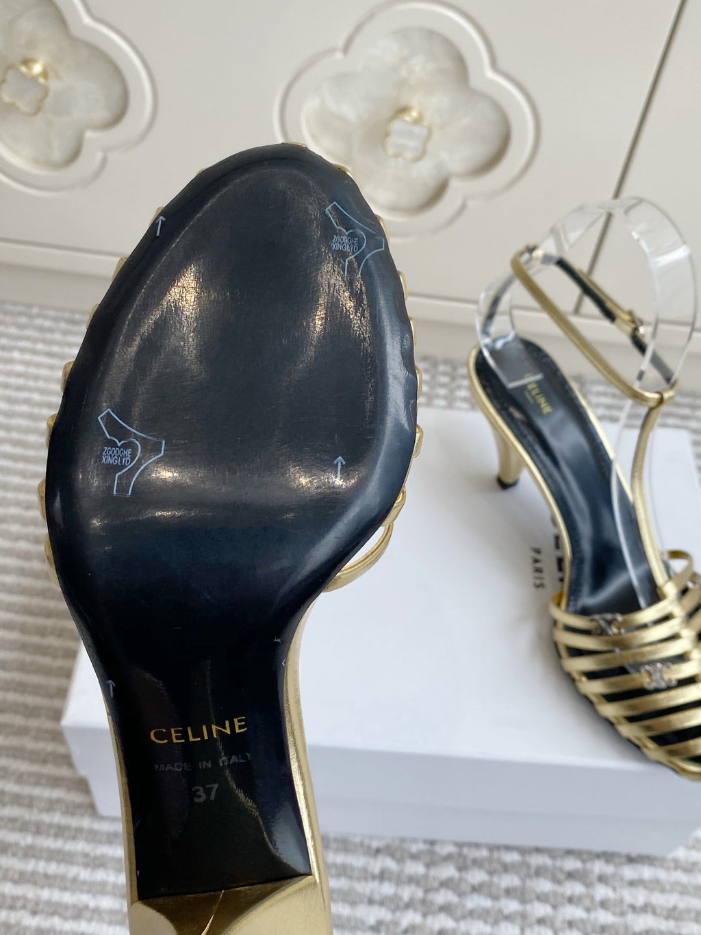 CELINE 26S CLEA TRIOMPHE GLADIATOR HEEL SANDALS 60 MM IN GOLD LAMBSKIN