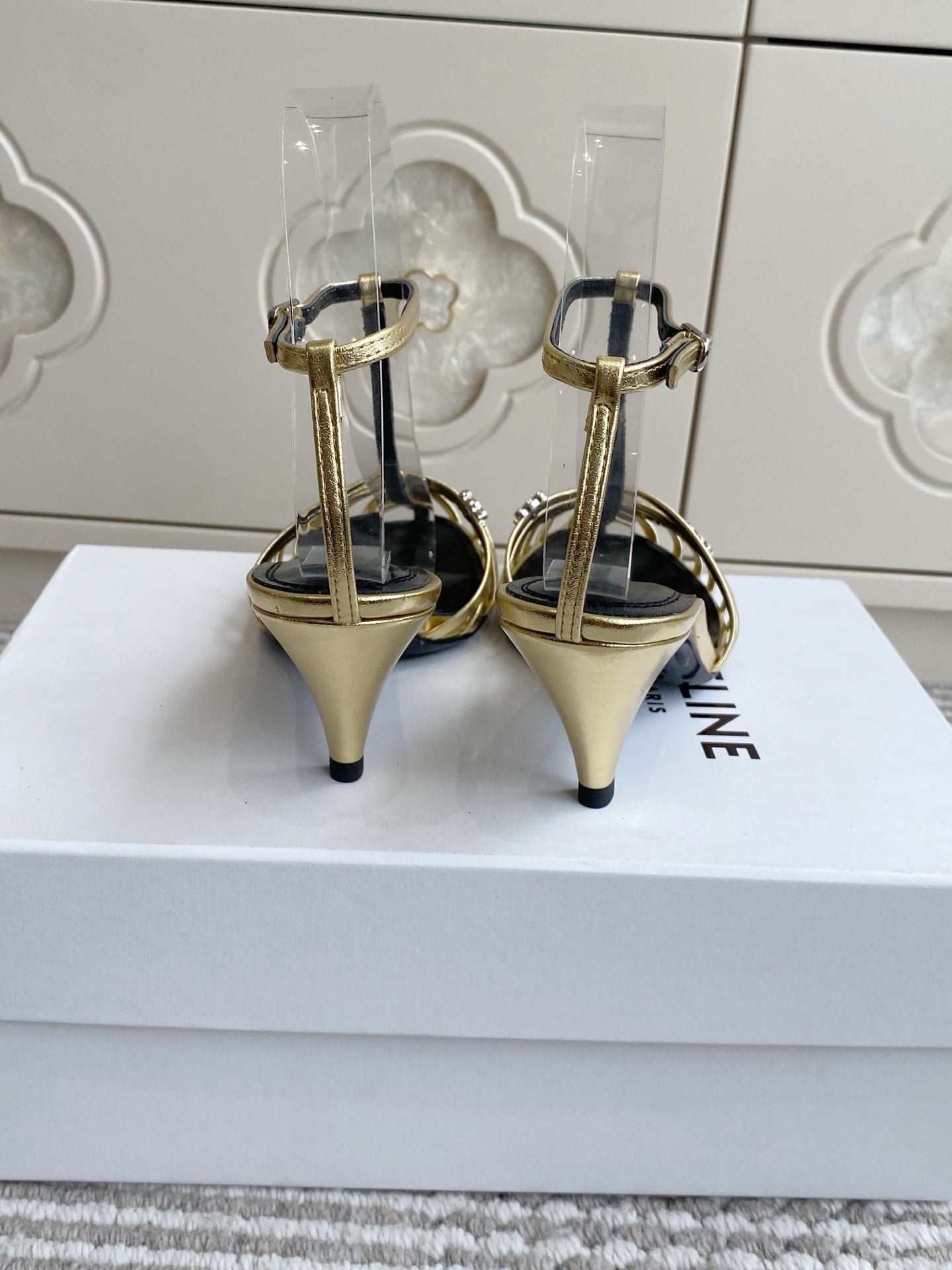 CELINE 26S CLEA TRIOMPHE GLADIATOR HEEL SANDALS 60 MM IN GOLD LAMBSKIN