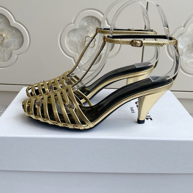 CELINE 26S CLEA TRIOMPHE GLADIATOR HEEL SANDALS 60 MM IN GOLD LAMBSKIN