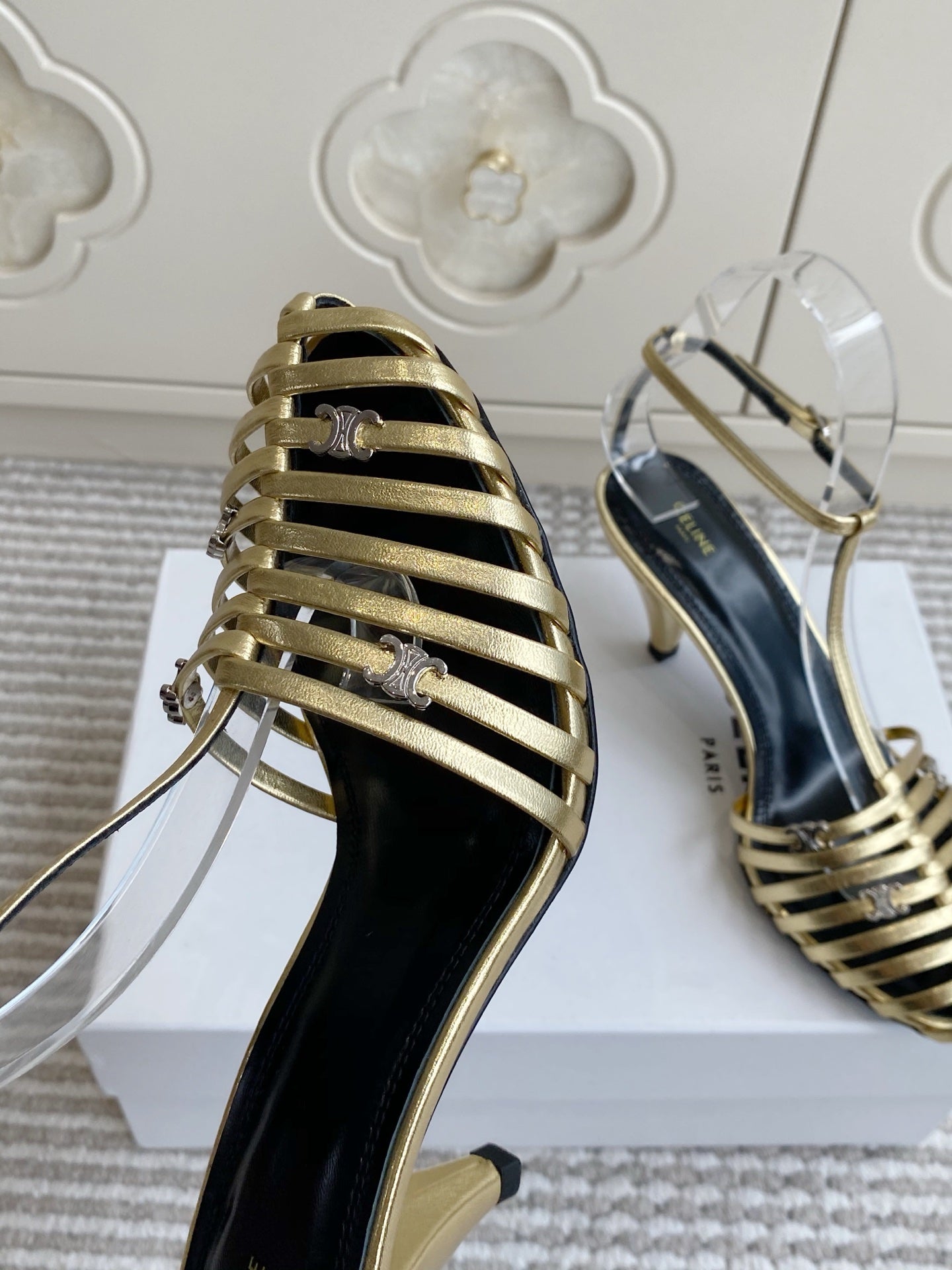 CELINE 26S CLEA TRIOMPHE GLADIATOR HEEL SANDALS 60 MM IN GOLD LAMBSKIN