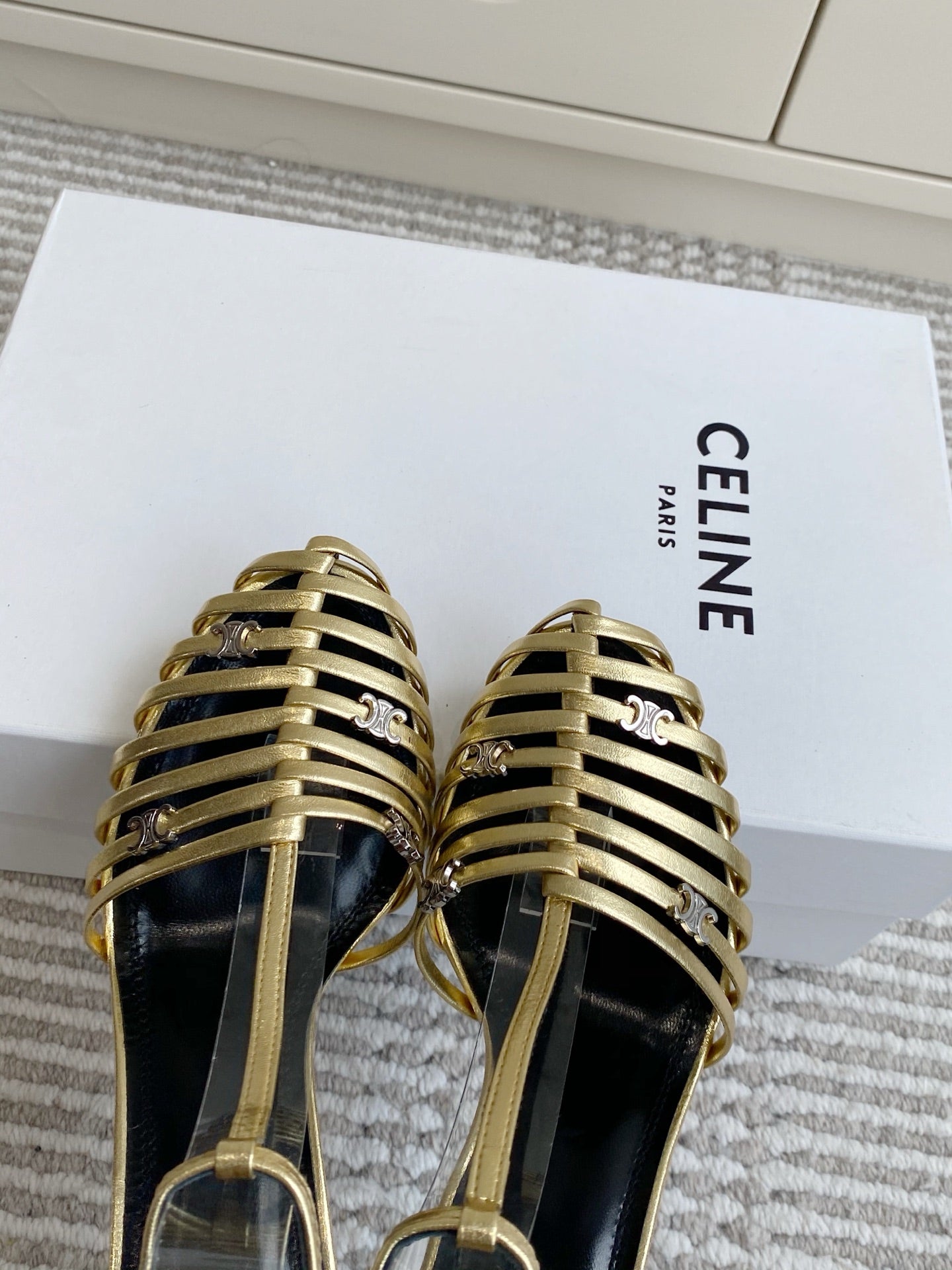 CELINE 26S CLEA TRIOMPHE GLADIATOR HEEL SANDALS 60 MM IN GOLD LAMBSKIN