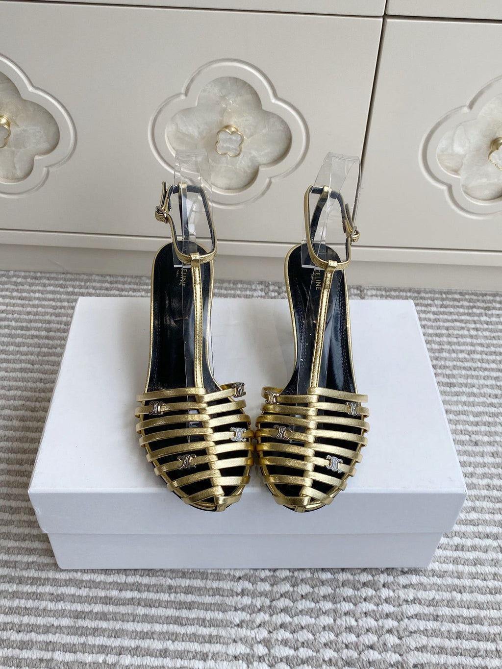 CELINE 26S CLEA TRIOMPHE GLADIATOR HEEL SANDALS 60 MM IN GOLD LAMBSKIN