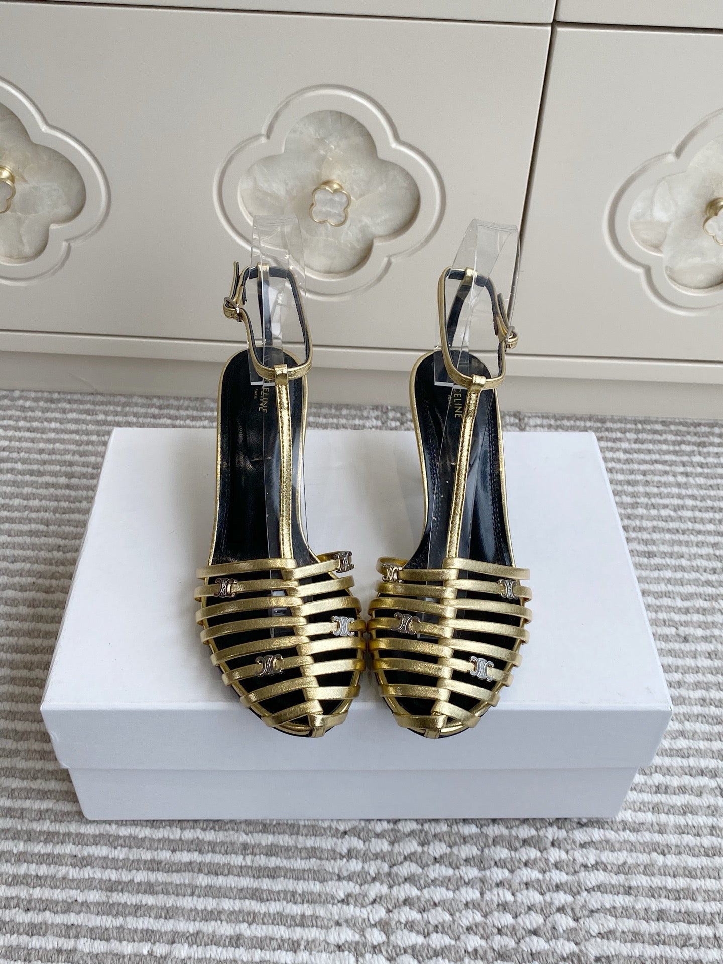CELINE 26S CLEA TRIOMPHE GLADIATOR HEEL SANDALS 60 MM IN GOLD LAMBSKIN
