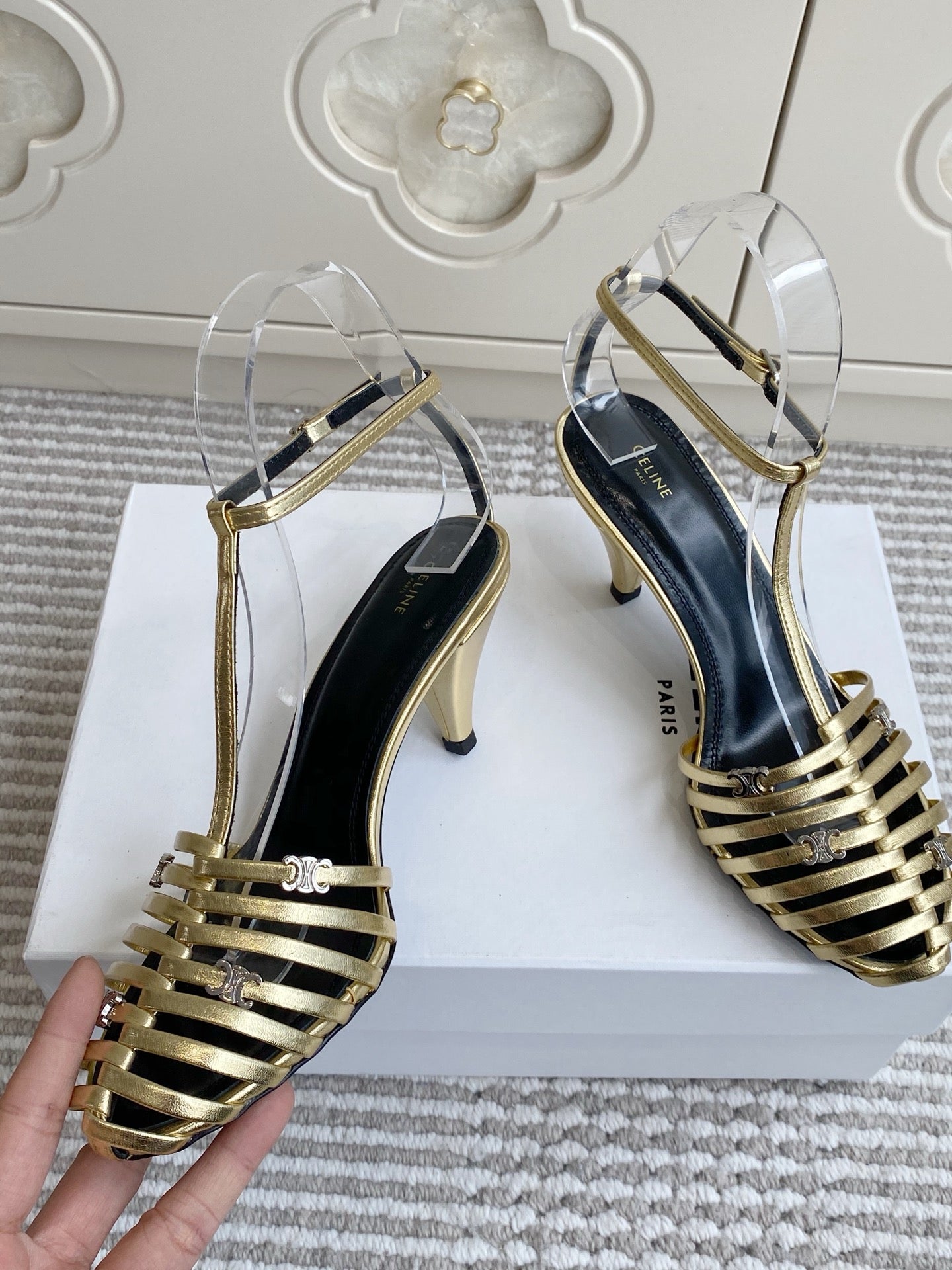 CELINE 26S CLEA TRIOMPHE GLADIATOR HEEL SANDALS 60 MM IN GOLD LAMBSKIN