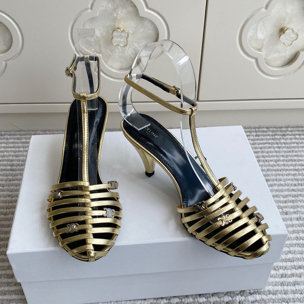 CELINE 26S CLEA TRIOMPHE GLADIATOR HEEL SANDALS 60 MM IN GOLD LAMBSKIN