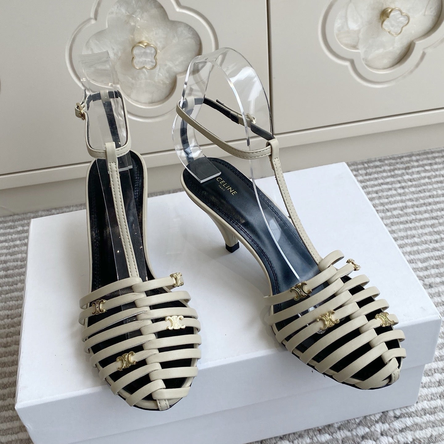 CELINE 26S CLEA TRIOMPHE GLADIATOR HEEL SANDALS 60 MM IN BEIGE LAMBSKIN