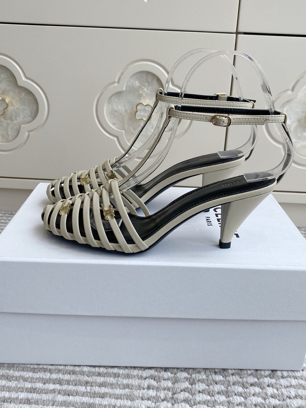 CELINE 26S CLEA TRIOMPHE GLADIATOR HEEL SANDALS 60 MM IN BEIGE LAMBSKIN