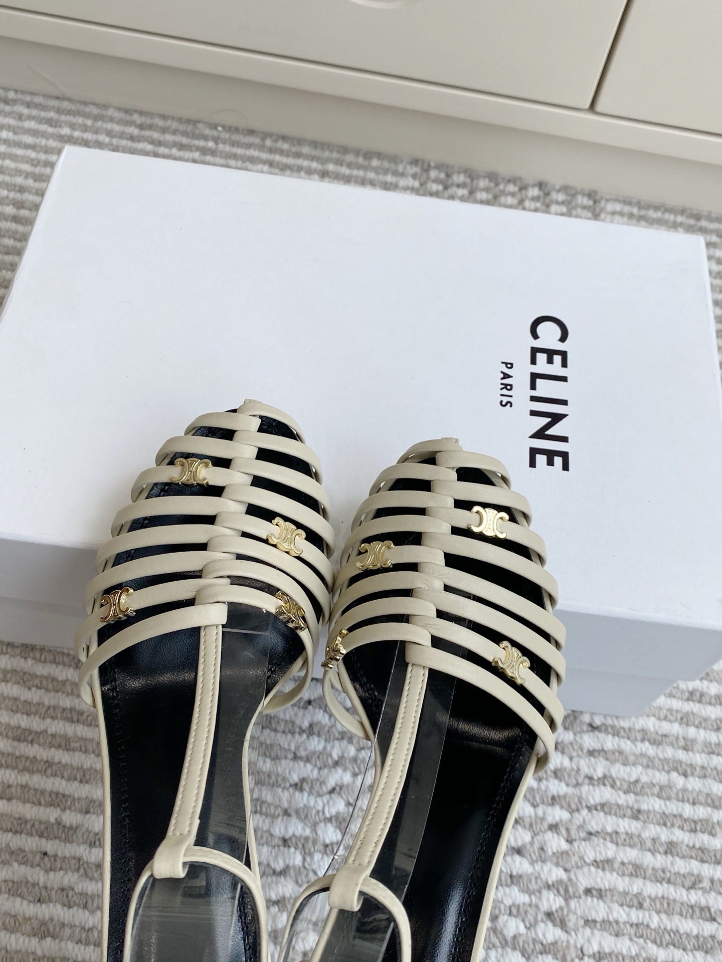 CELINE 26S CLEA TRIOMPHE GLADIATOR HEEL SANDALS 60 MM IN BEIGE LAMBSKIN