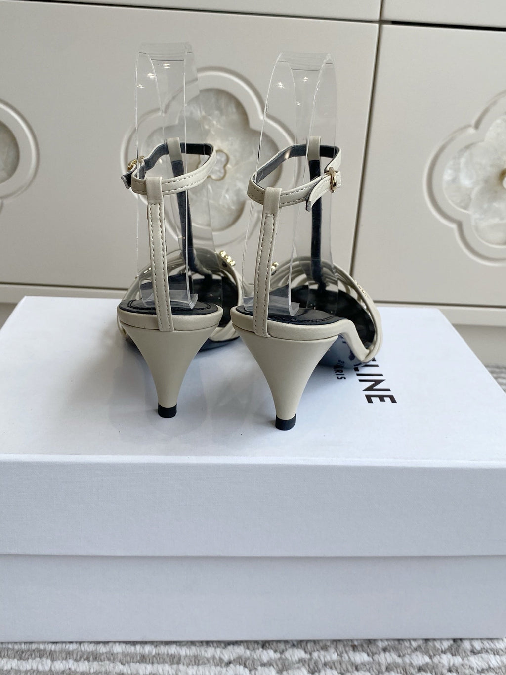 CELINE 26S CLEA TRIOMPHE GLADIATOR HEEL SANDALS 60 MM IN BEIGE LAMBSKIN