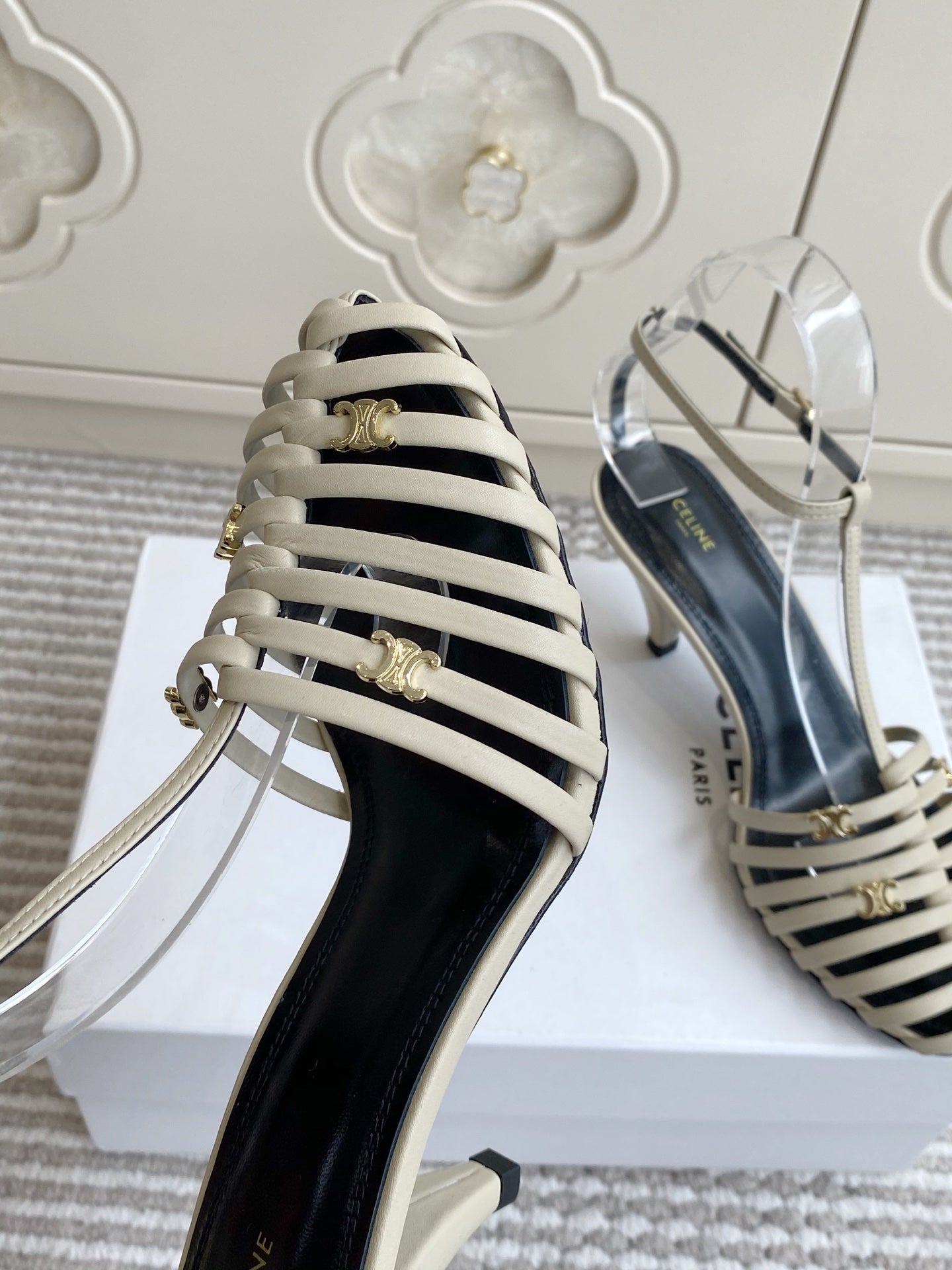 CELINE 26S CLEA TRIOMPHE GLADIATOR HEEL SANDALS 60 MM IN BEIGE LAMBSKIN