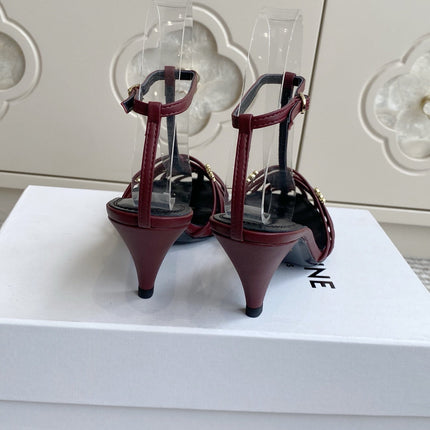 CELINE 26S CLEA TRIOMPHE GLADIATOR HEEL SANDALS 60 MM IN DARK RED LAMBSKIN