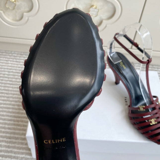 CELINE 26S CLEA TRIOMPHE GLADIATOR HEEL SANDALS 60 MM IN DARK RED LAMBSKIN