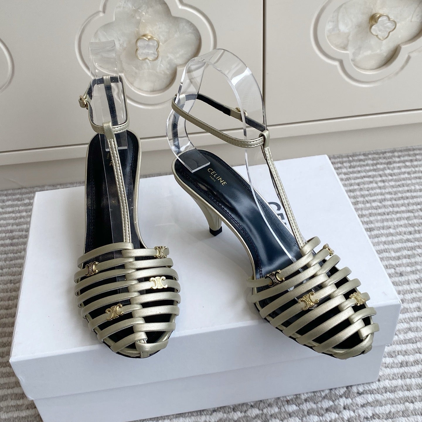 CELINE 26S CLEA TRIOMPHE GLADIATOR HEEL SANDALS 60 MM IN CHAMPAGNE GOLD LAMBSKIN
