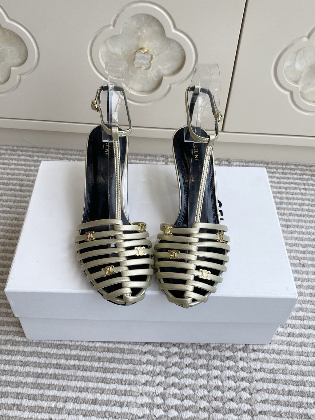 CELINE 26S CLEA TRIOMPHE GLADIATOR HEEL SANDALS 60 MM IN CHAMPAGNE GOLD LAMBSKIN