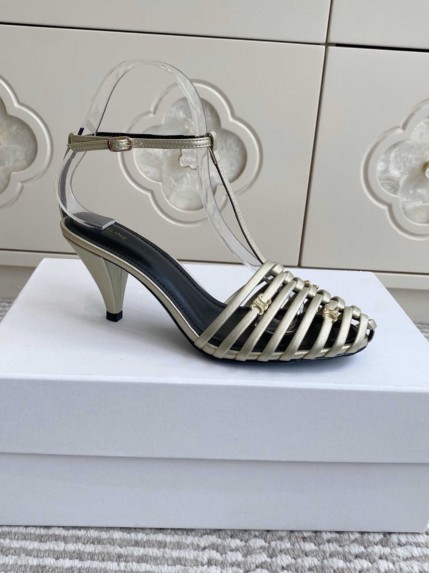 CELINE 26S CLEA TRIOMPHE GLADIATOR HEEL SANDALS 60 MM IN CHAMPAGNE GOLD LAMBSKIN