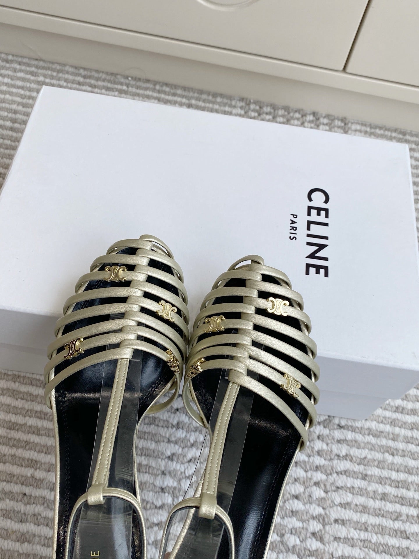 CELINE 26S CLEA TRIOMPHE GLADIATOR HEEL SANDALS 60 MM IN CHAMPAGNE GOLD LAMBSKIN