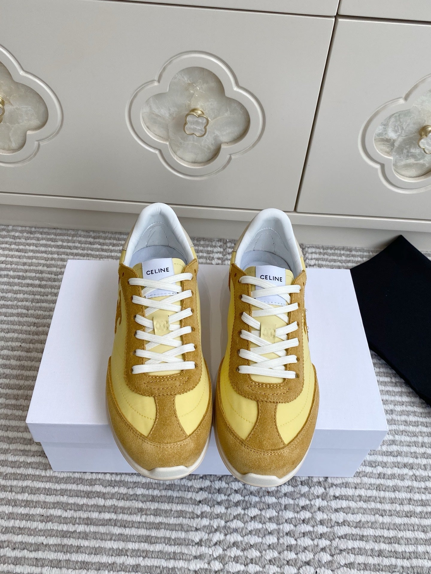 CELINE 26S RUNNER SNEAKERS IN TAN BROWN SUEDE AND BUTTER YELLOW NYLON