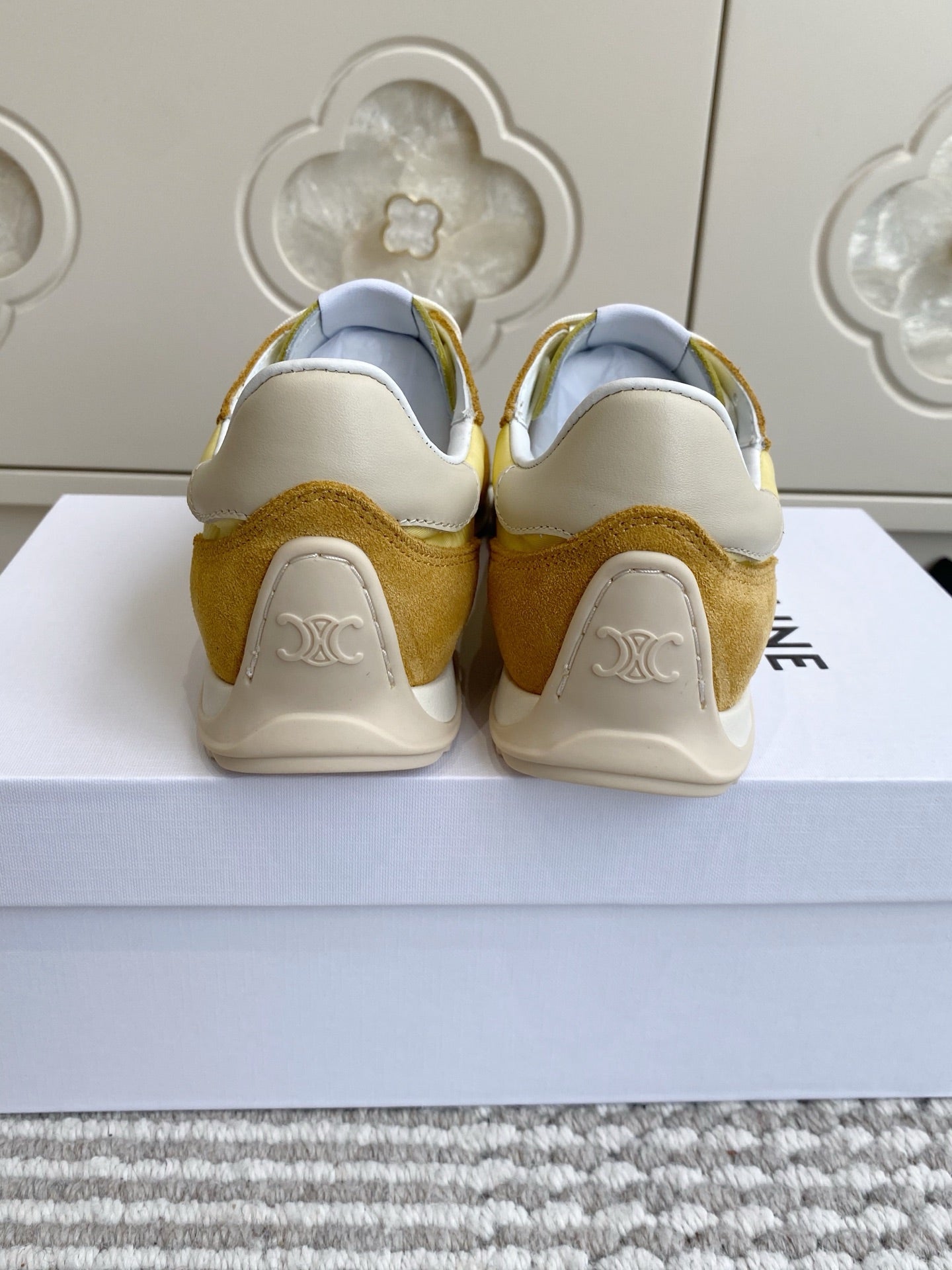 CELINE 26S RUNNER SNEAKERS IN TAN BROWN SUEDE AND BUTTER YELLOW NYLON
