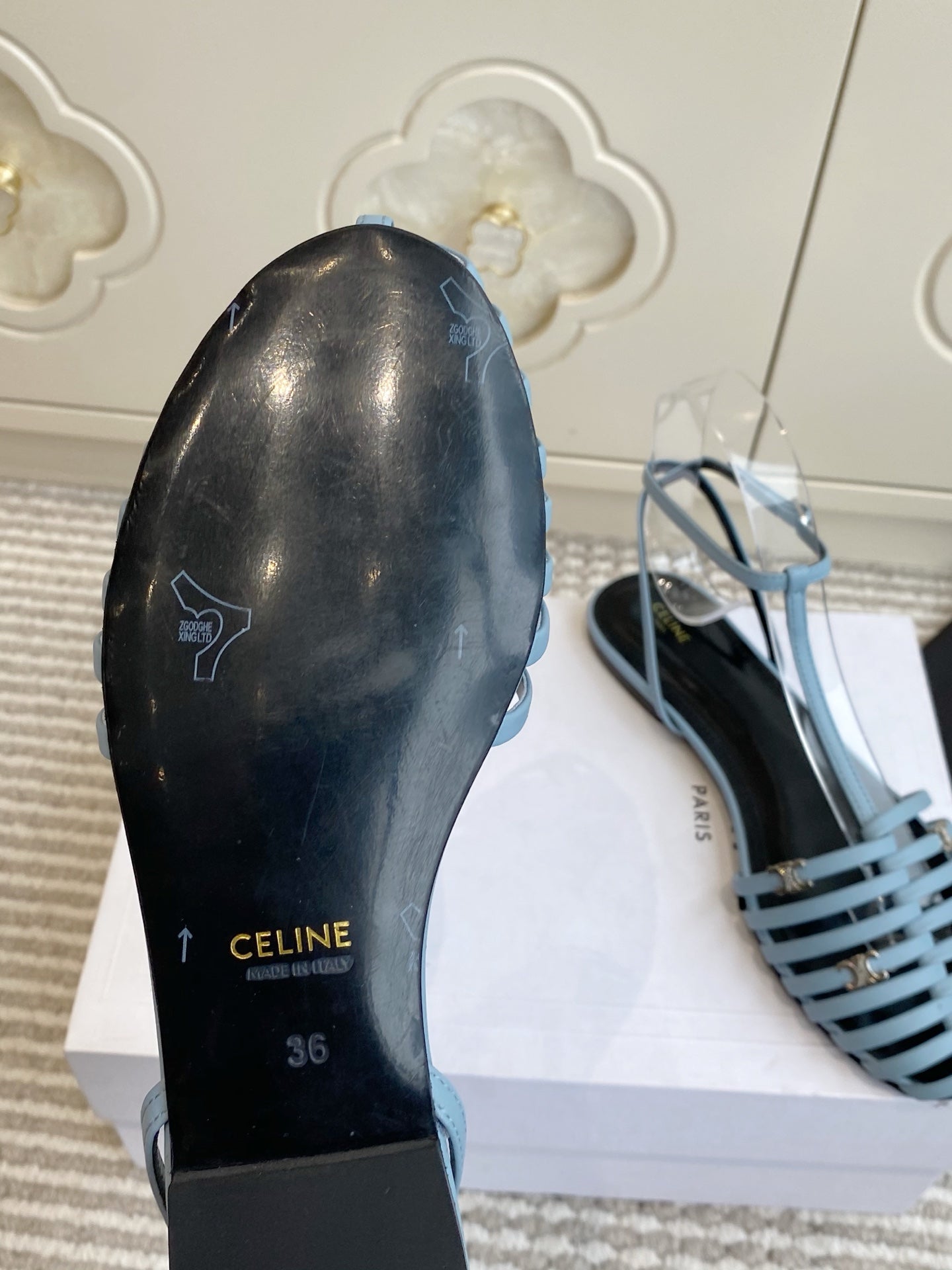 CELINE 26S CLEA TRIOMPHE GLADIATOR SANDALS IN SKY BLUE LAMBSKIN