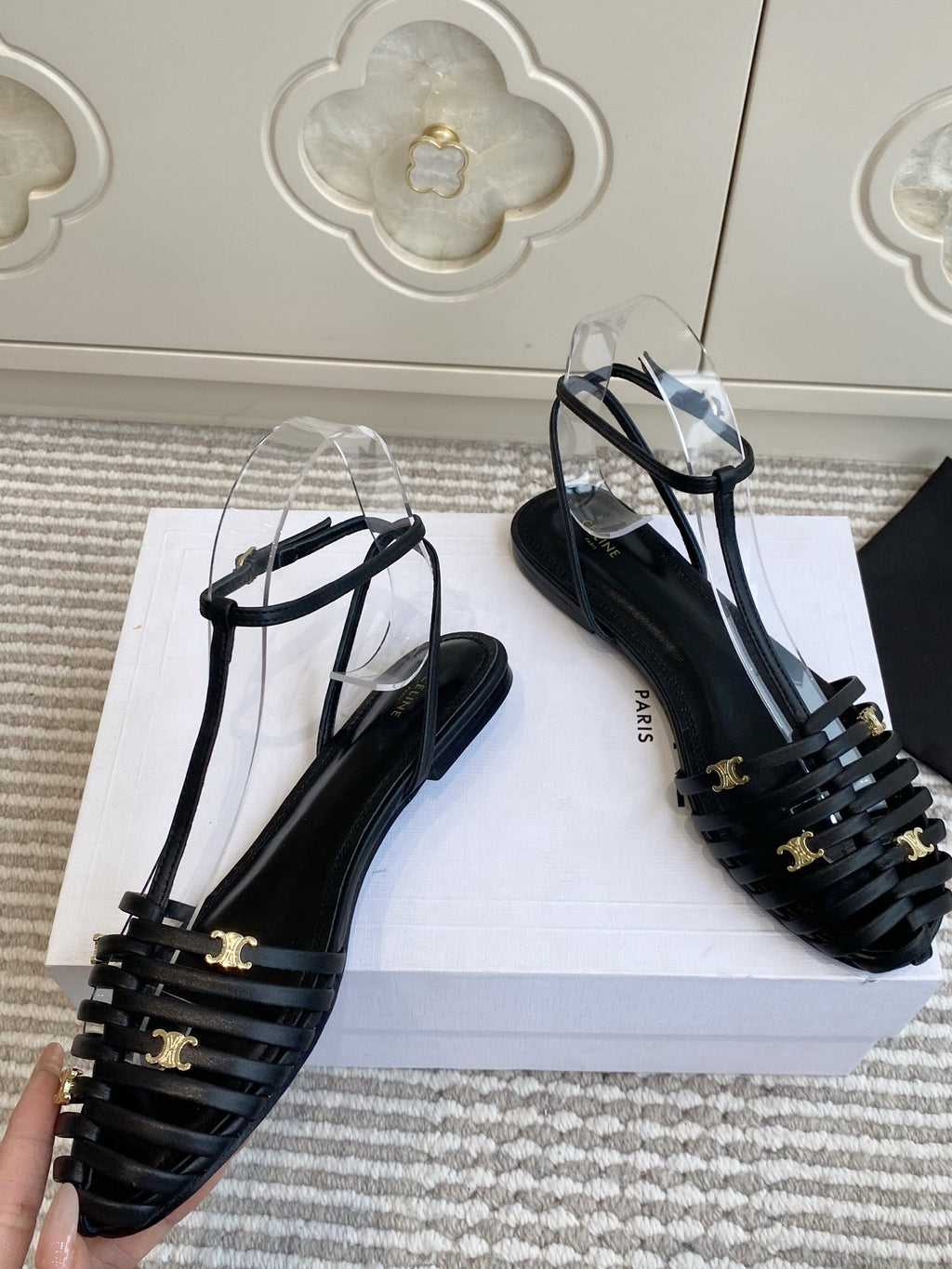 CELINE 26S CLEA TRIOMPHE GLADIATOR SANDALS IN BLACK LAMBSKIN