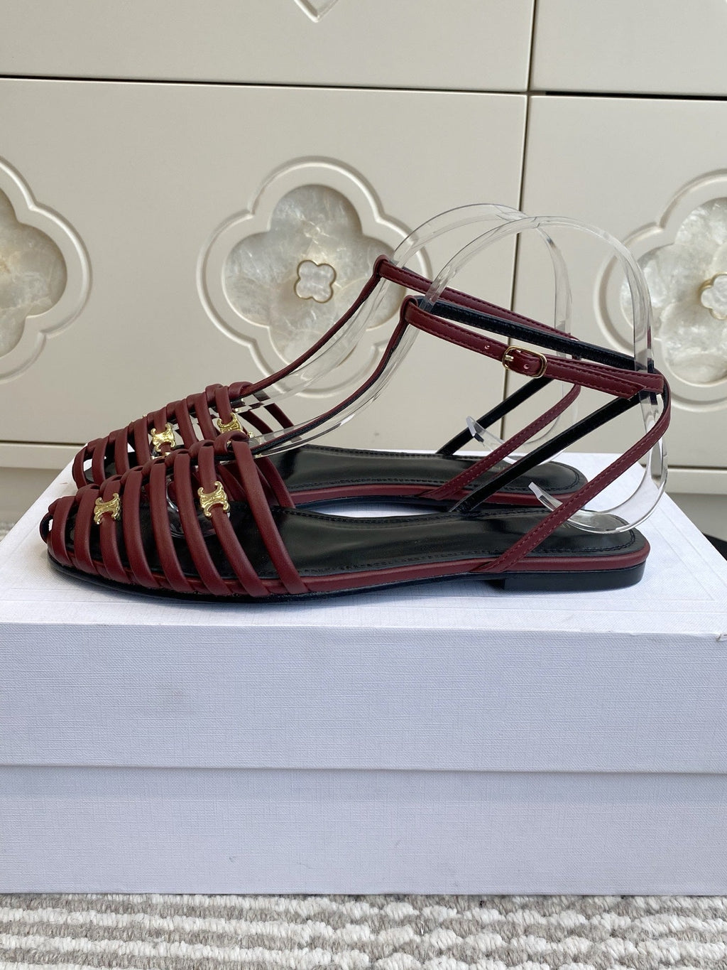 CELINE 26S CLEA TRIOMPHE GLADIATOR SANDALS IN DARK RED LAMBSKIN