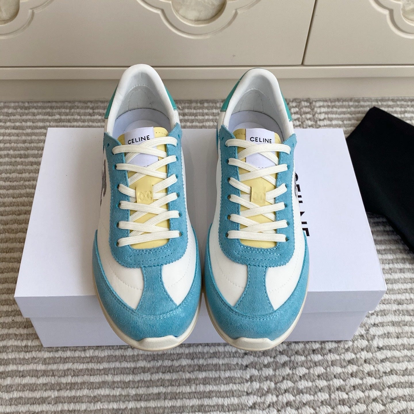 CELINE 26S RUNNER SNEAKERS IN AQUA BLUE SUEDE AND WHITE NYLON