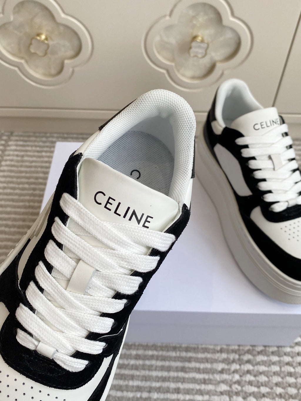 CELINE 26S WEDGE SNEAKERS 50MM IN WHITE CALFSKIN AND BLACK SUEDE