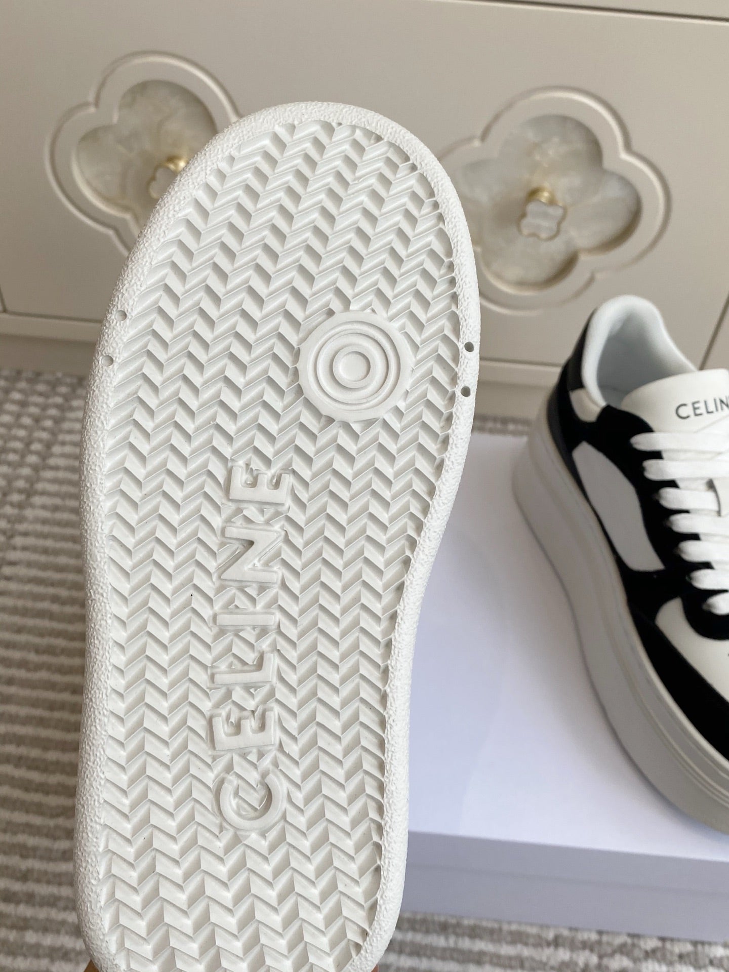CELINE 26S WEDGE SNEAKERS 50MM IN WHITE CALFSKIN AND BLACK SUEDE