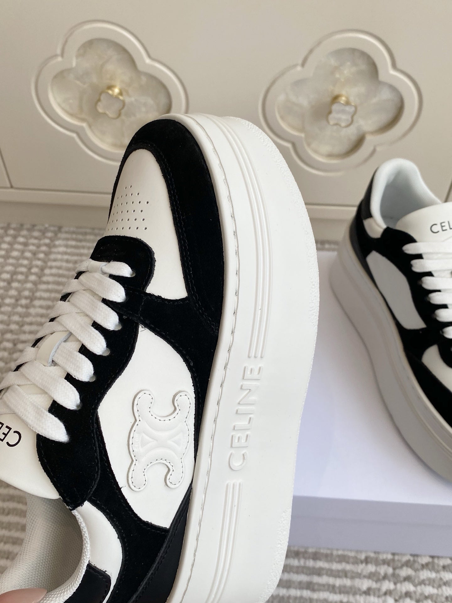 CELINE 26S WEDGE SNEAKERS 50MM IN WHITE CALFSKIN AND BLACK SUEDE