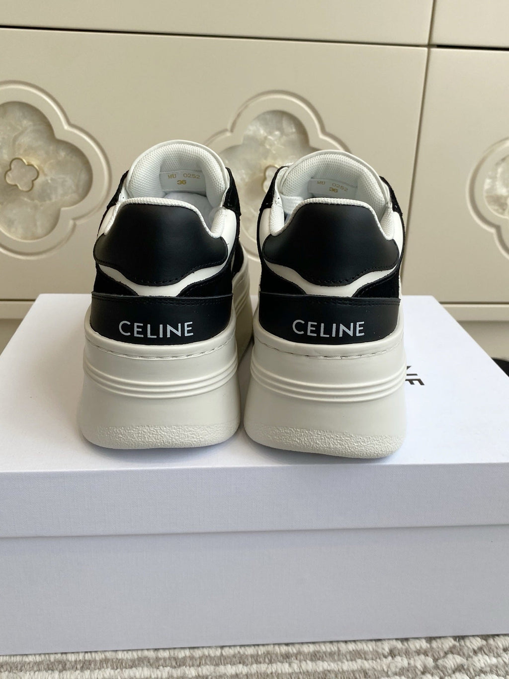 CELINE 26S WEDGE SNEAKERS 50MM IN WHITE CALFSKIN AND BLACK SUEDE