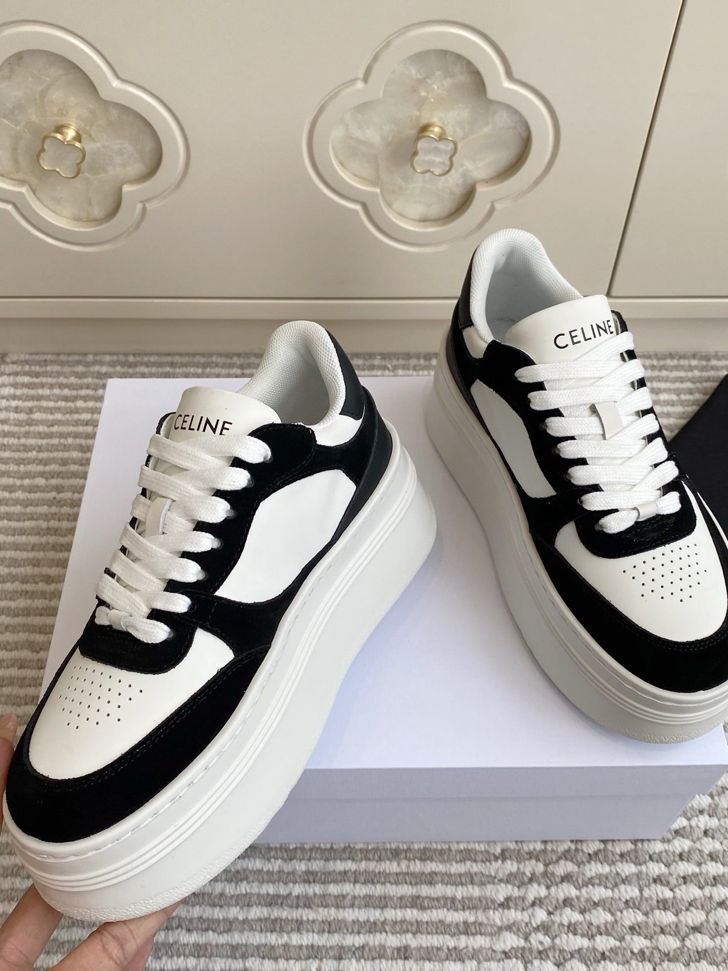 CELINE 26S WEDGE SNEAKERS 50MM IN WHITE CALFSKIN AND BLACK SUEDE