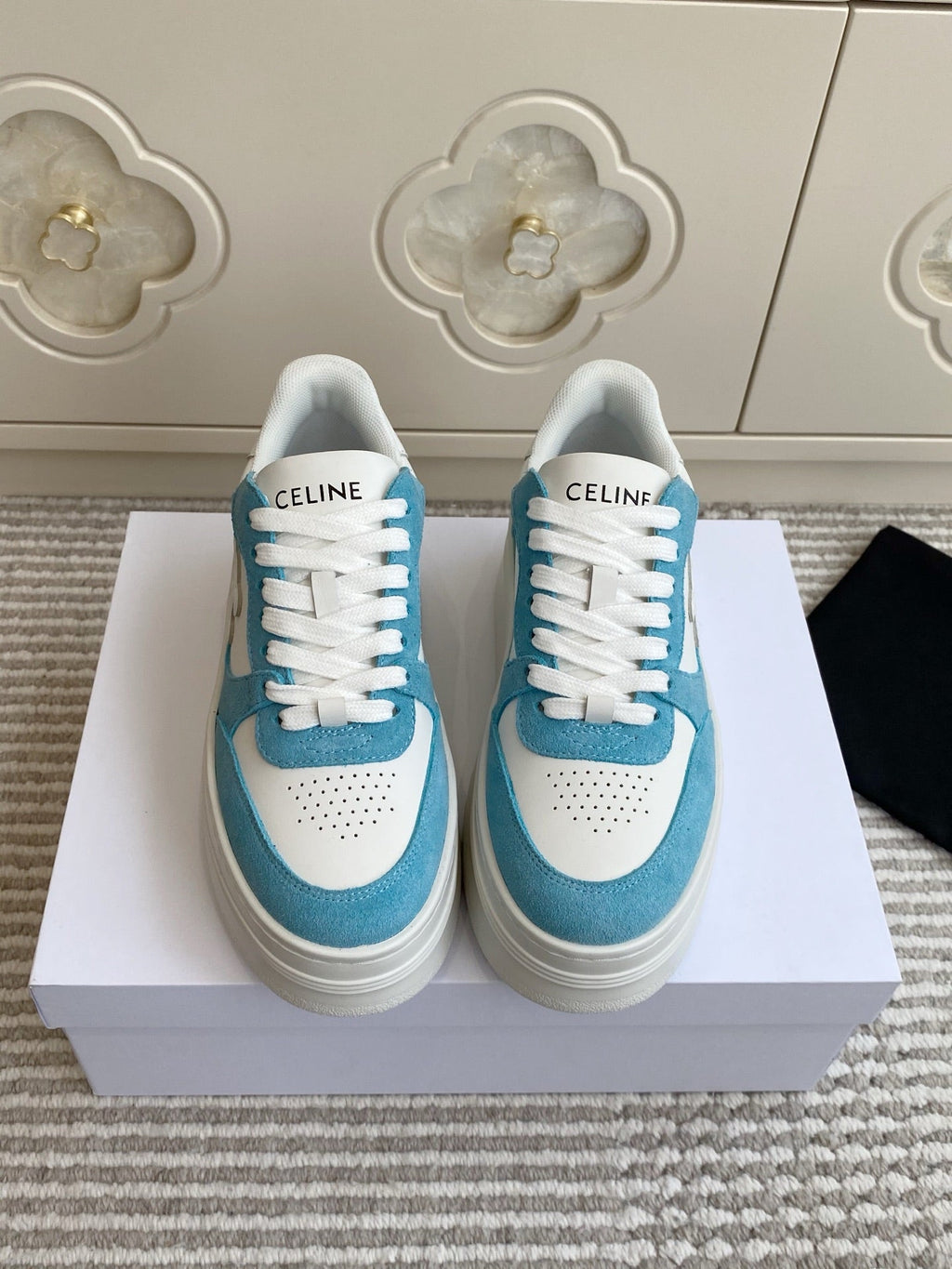 CELINE 26S WEDGE SNEAKERS 50MM IN WHITE CALFSKIN AND SKY BLUE SUEDE