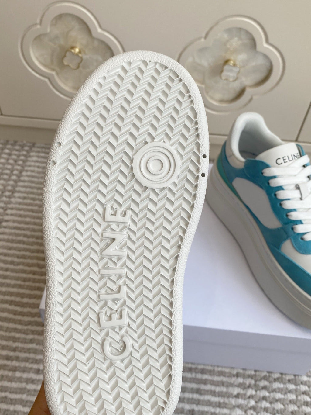 CELINE 26S WEDGE SNEAKERS 50MM IN WHITE CALFSKIN AND SKY BLUE SUEDE