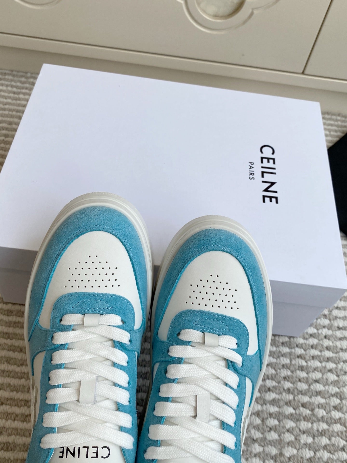 CELINE 26S WEDGE SNEAKERS 50MM IN WHITE CALFSKIN AND SKY BLUE SUEDE