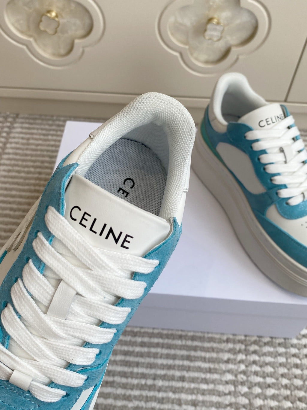 CELINE 26S WEDGE SNEAKERS 50MM IN WHITE CALFSKIN AND SKY BLUE SUEDE