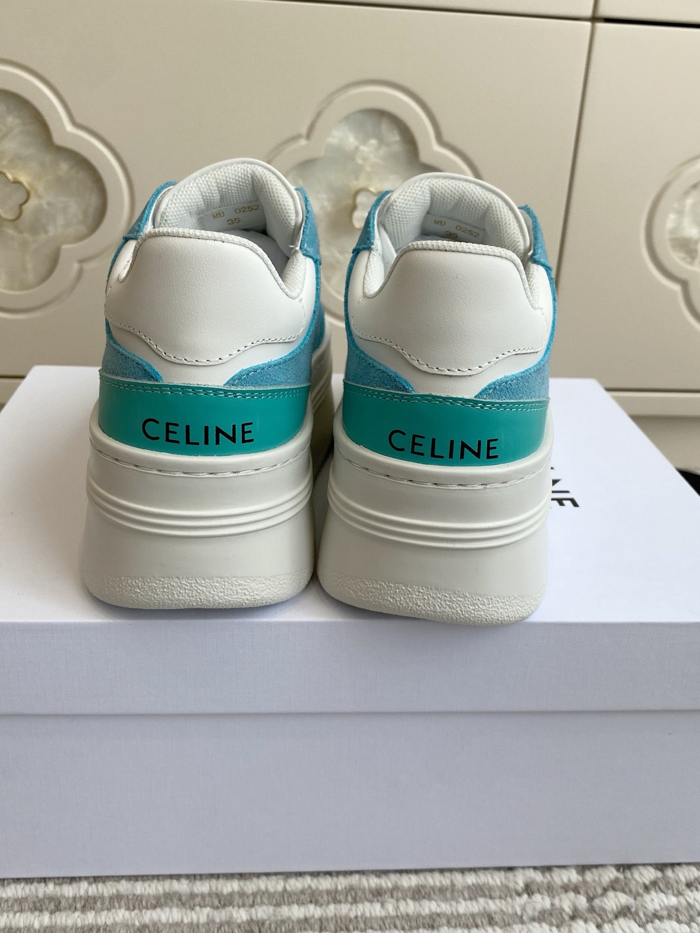 CELINE 26S WEDGE SNEAKERS 50MM IN WHITE CALFSKIN AND SKY BLUE SUEDE