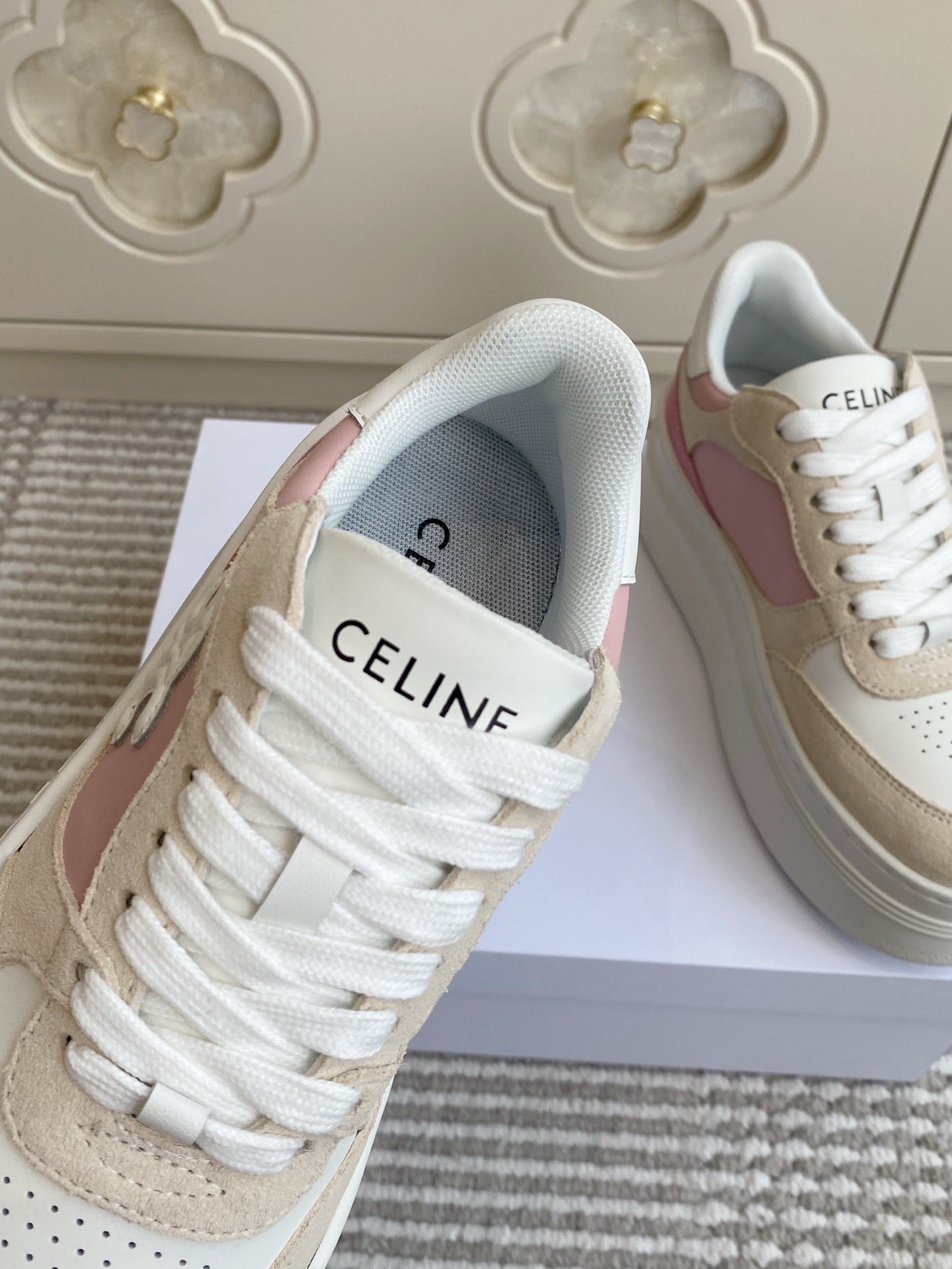 CELINE 26S WEDGE SNEAKERS 50MM IN WHITE PINK CALFSKIN AND BEIGE SUEDE