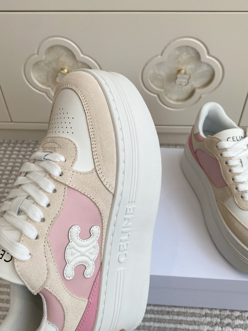 CELINE 26S WEDGE SNEAKERS 50MM IN WHITE PINK CALFSKIN AND BEIGE SUEDE