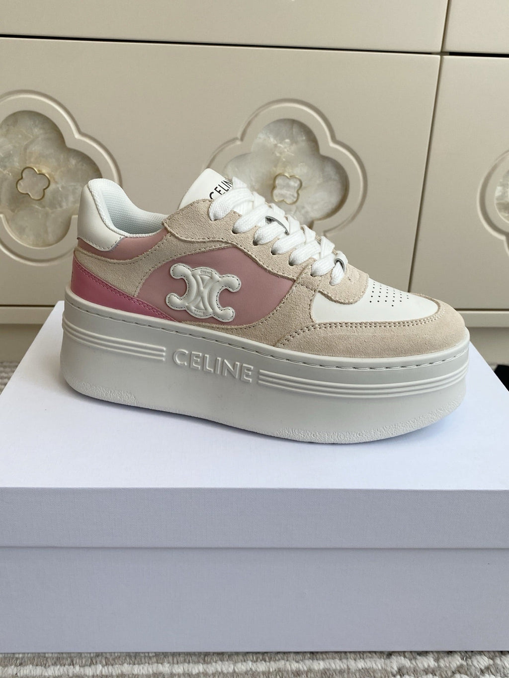 CELINE 26S WEDGE SNEAKERS 50MM IN WHITE PINK CALFSKIN AND BEIGE SUEDE