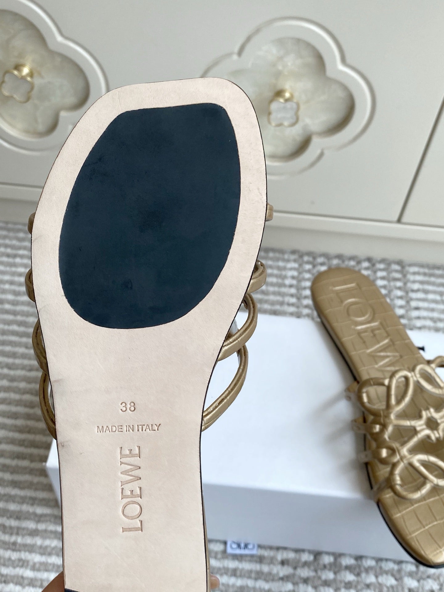 LOEWE 26S SLIDE SANDALS IN GOLD CROC-EMBOSSED CALFSKIN